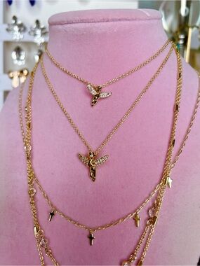 18k yellow gold Cherub 👼🏻 cz 💎 pave wings praying Angel set necklace adjustable